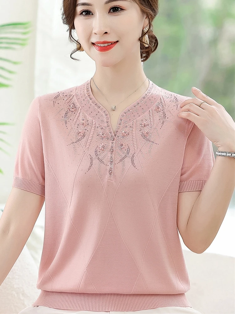 

Faionable Thin ort Sve Knitted irt for Mom Summer Wear Pure Color Silk Casual Loose Fit Top for Middle-Aged Women