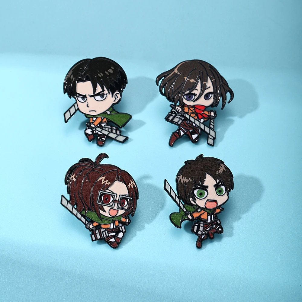 4Pcs Anime Inspired Enamel Pins Set, Cute Chibi Scout Character Metal Brooches, Eren Levi Mikasa Hange Cartoon Figure Badge
