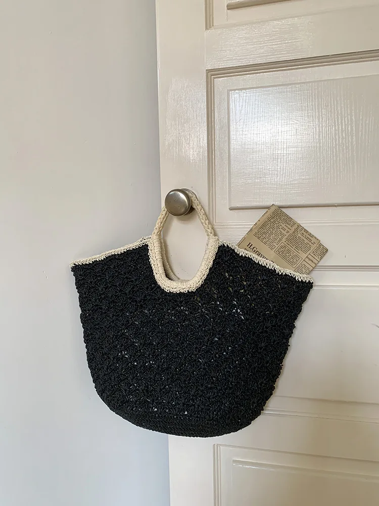 Bolso negro de ganchillo hecho a mano para mujer, bolso de mano, bolso de hombro hueco, bolso de playa para vacaciones, bolso trenzado