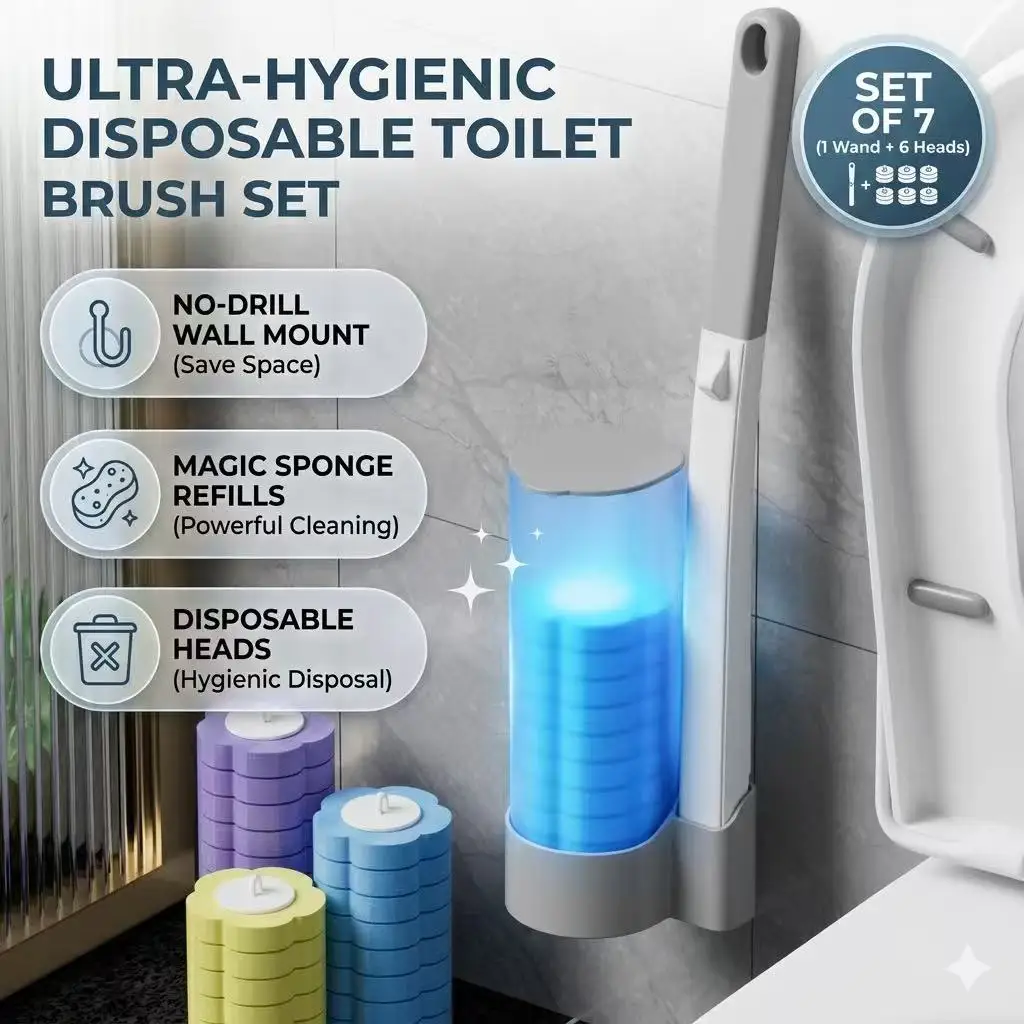 

Disposable Toilet Brush Holder Set WC Cleaning Kit Wall Mount Bathroom Wand Handle Magic Sponge Refills Tools 1Wand 6Heads