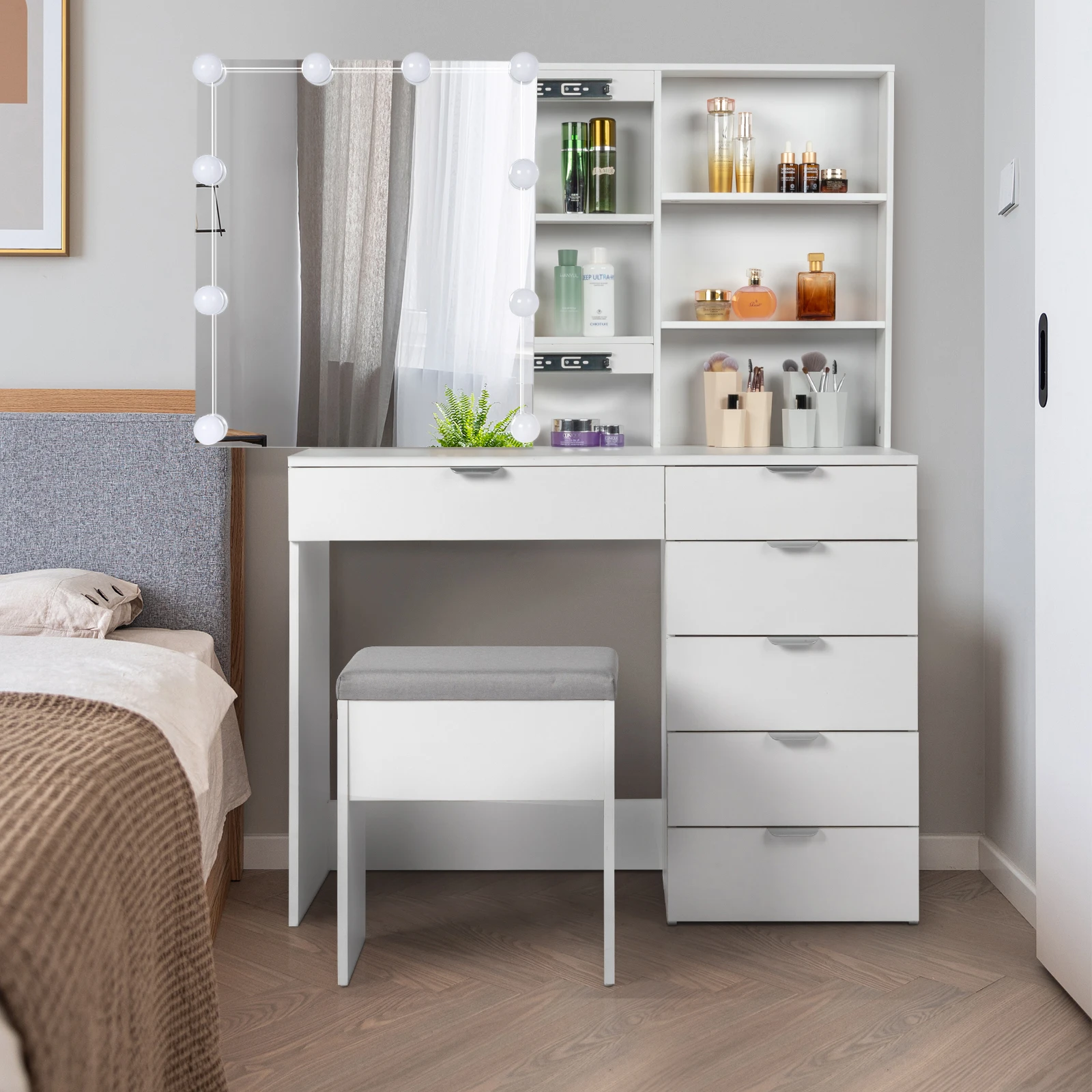 FCH Particleboard Triamine Veneer 6 Pumps 2 Shelves Mirror Cabinet 3 Tone Light Bulbs Dressing Table Set White