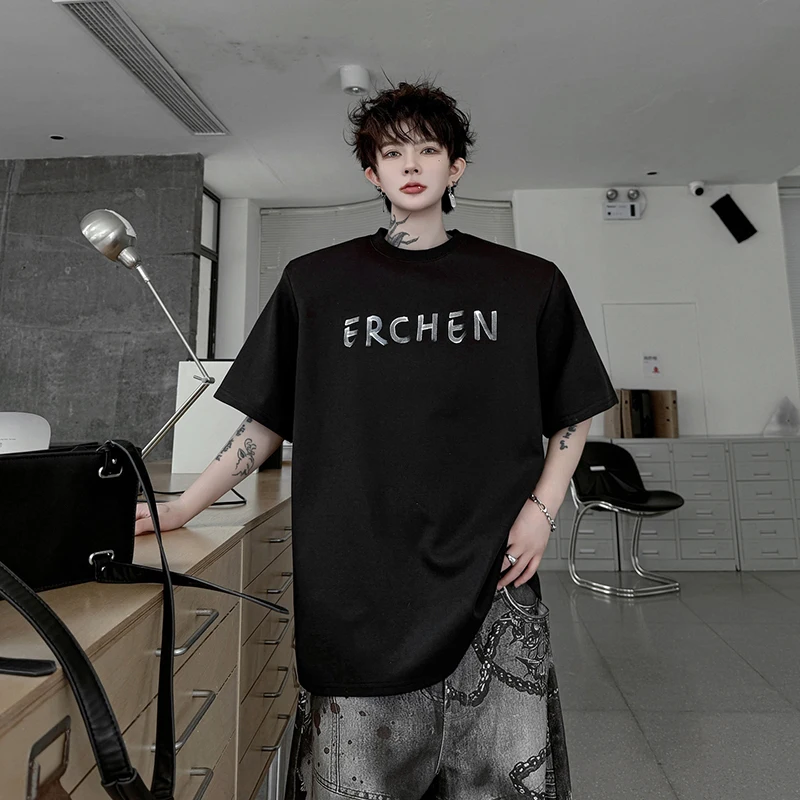 WTHT Trendy Men's Spliced Diamond Letter Print Design T-shirts Fashion 2026 Summer Round Collar Casual Tops Male 2A3122