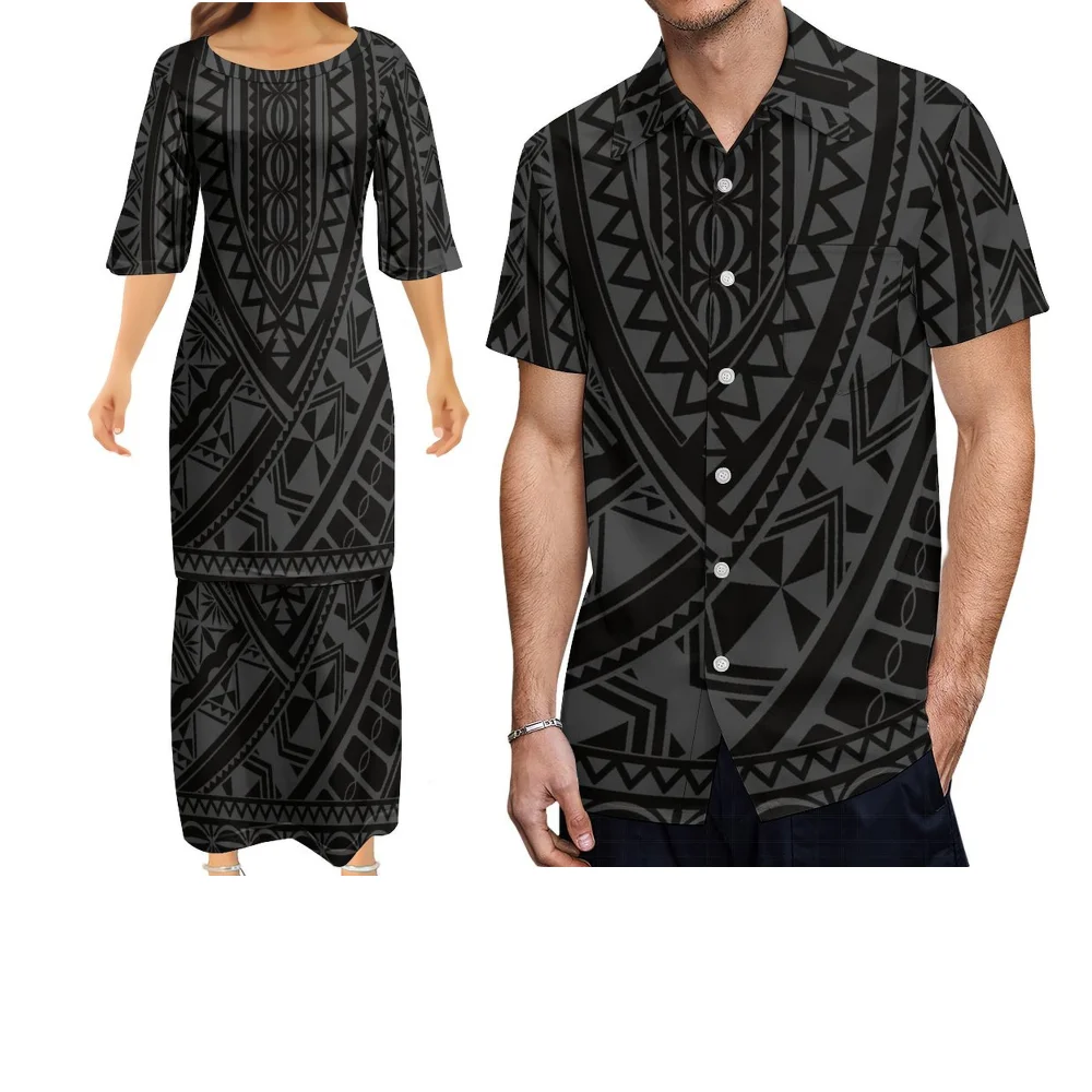 

Summer Style Loose Round-Neck Puletasi Long Dress Polynesian Couple'S Custom-Made Art Print Men'S Pocket Shirt