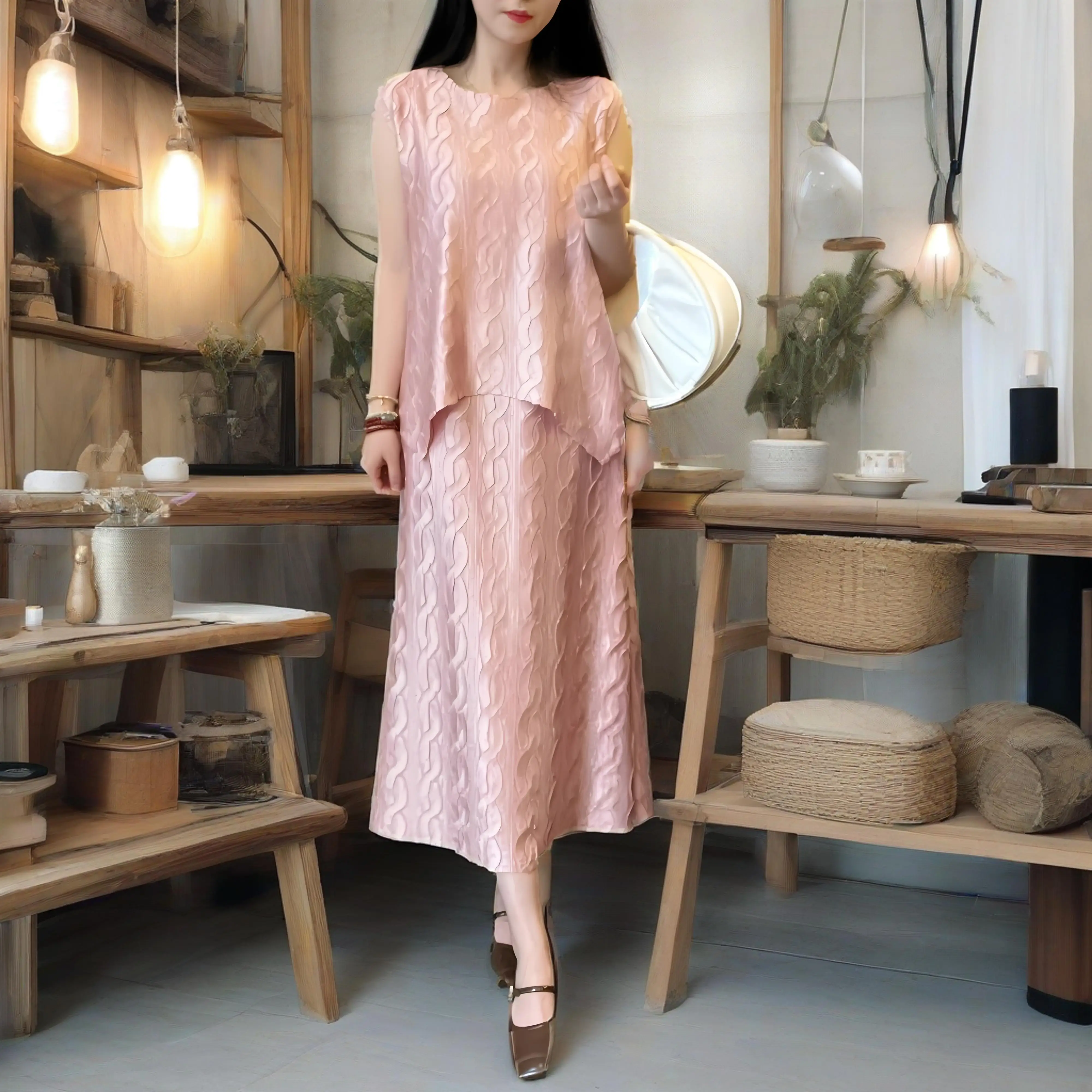 

Miyake's New 2025 Summer Sleeveless Top Pleat Classic Twist Pleated Two-piece Set Thin Pleated Fashion Irregular Skirt Set