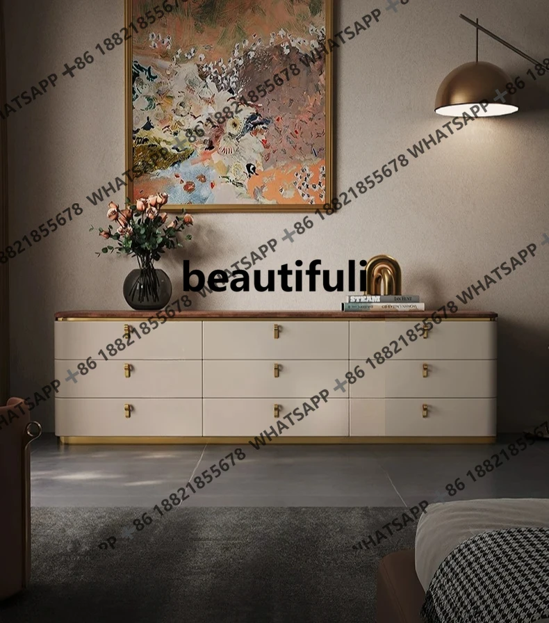 

Italian minimalist TV cabinet light luxury walnut simple high-end floor solid wood locker