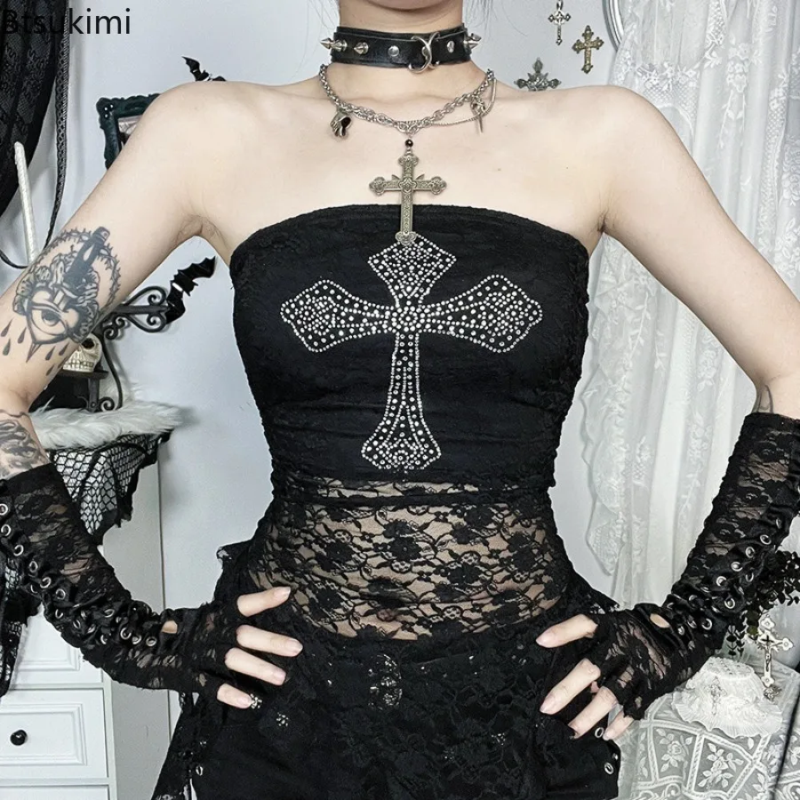 

Новинка 2023 года, женские готические жилеты Y2K, модные корсетные топы без бретелек с крестом и стразами, сексуальные кружевные лоскутные майки с оборками, топ для отдыха