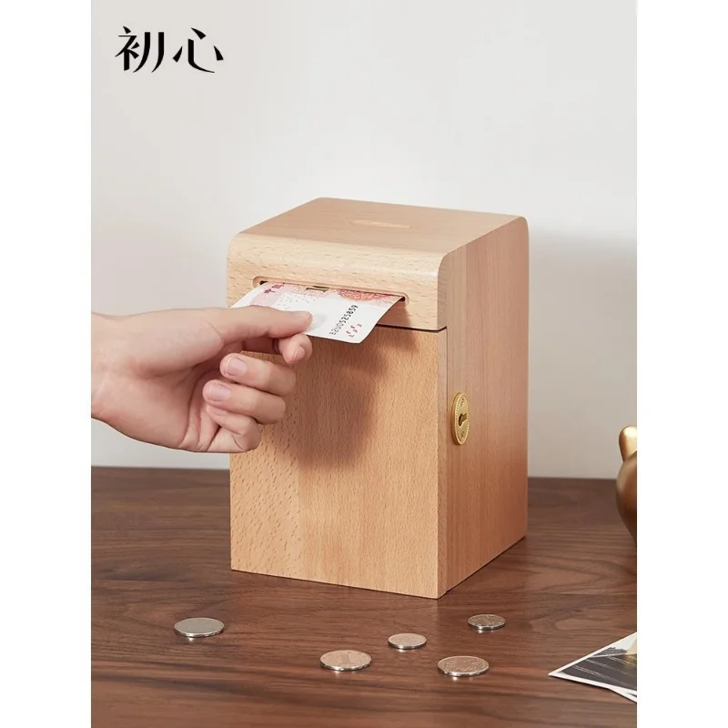 Wooden Saving Pot Large Capacity Coin Paper Money Saving Box with Key Lock Children Gift Mini Cash Box