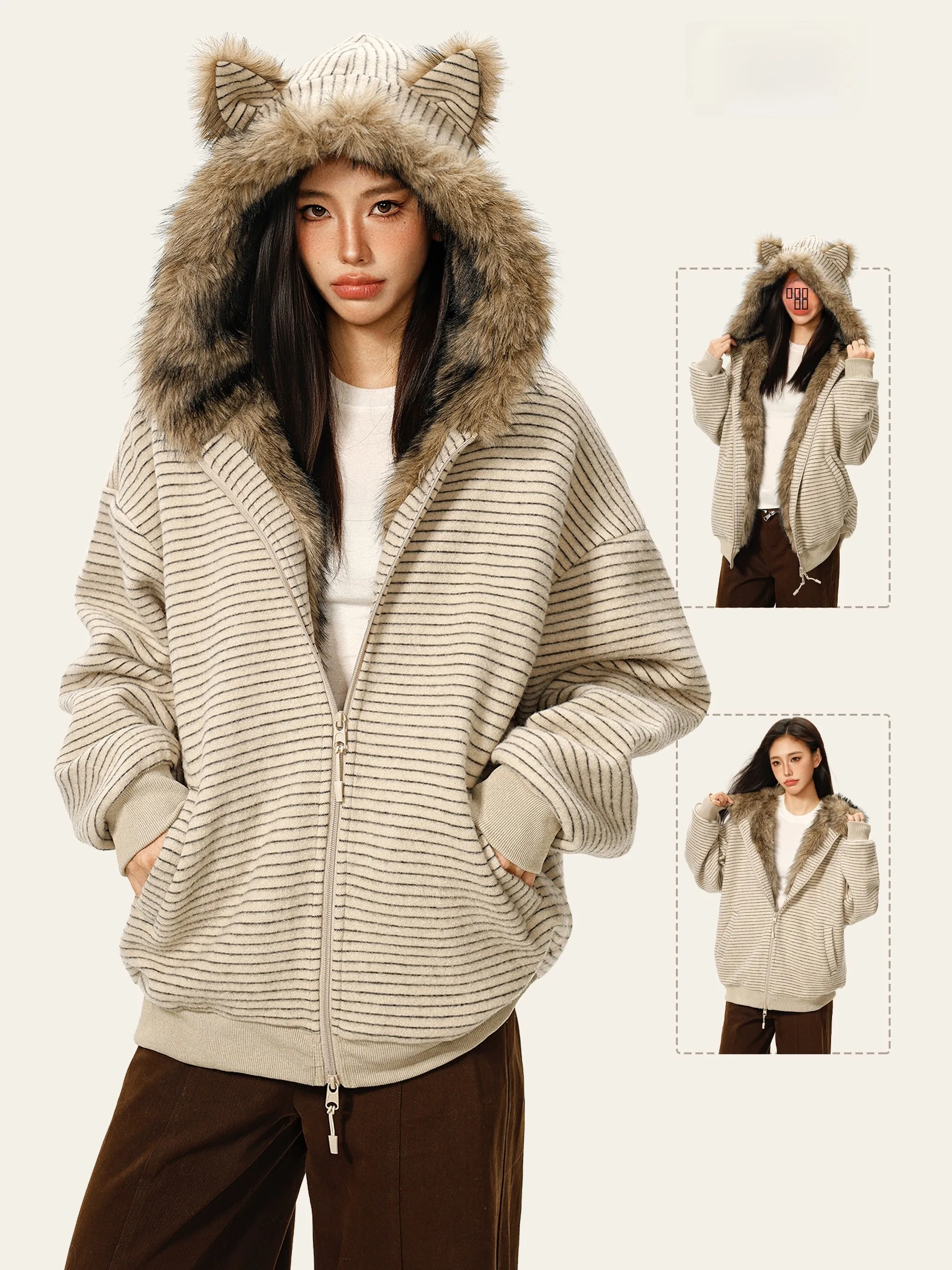 

Женская зимняя утепленная куртка LmziHei с капюшоном, в полоску, свободного кроя, с меховым воротником, повседневная, с длинными рукавами, на молнии
