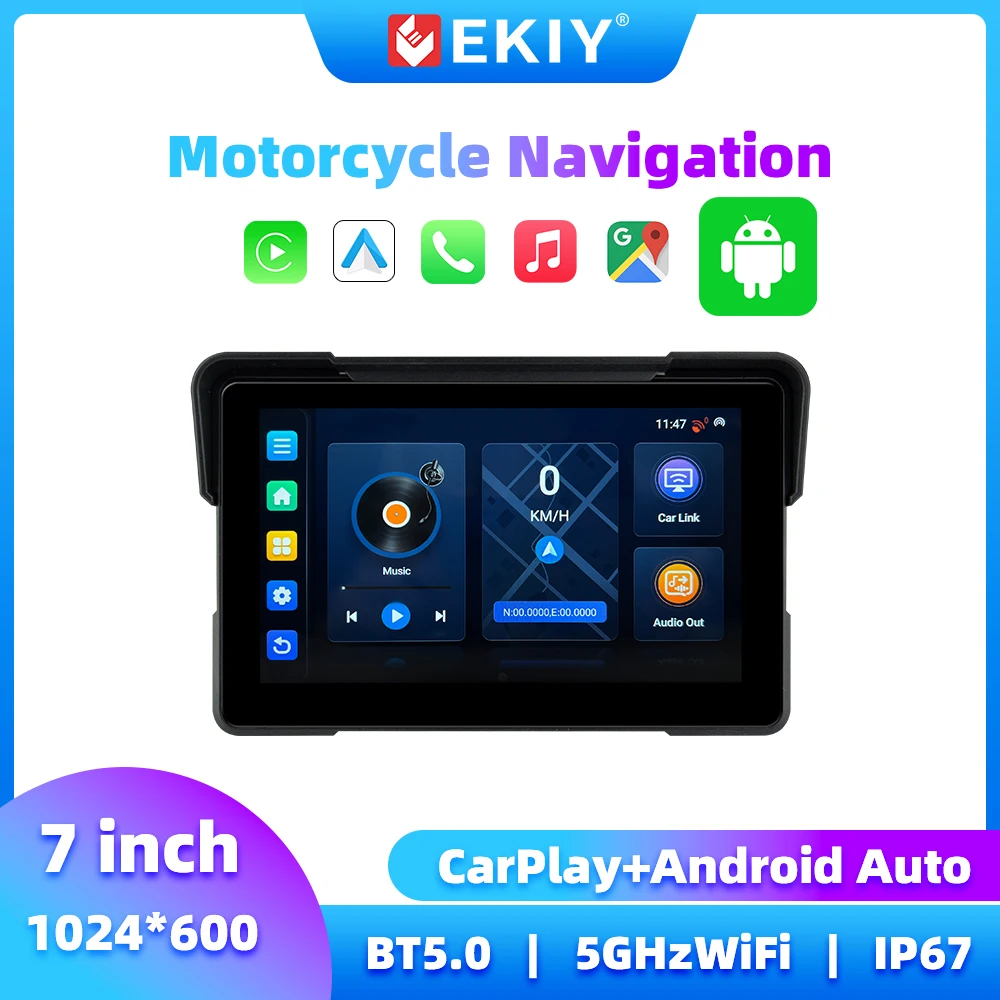 EKIY 7 Inch Motorcycle Carplay Navigation GPS Android 13.0 2+32GB Wireless Apple Carplay Android Auto Motorcycle Touch Screen