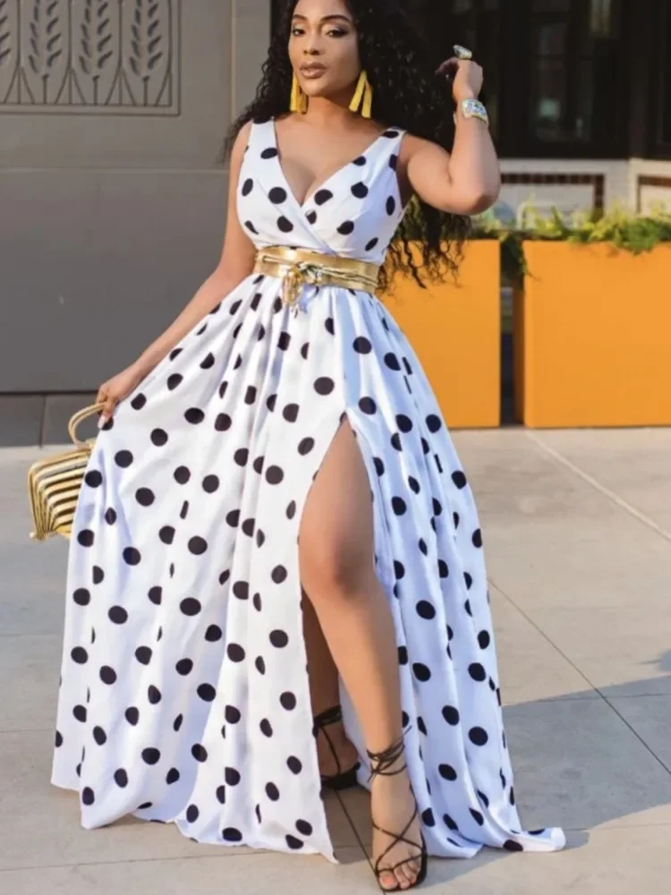 Sexy Tiefem V-ausschnitt Polka Dot Langes Kleid für Frauen Sommer Boho Ärmel Schlank Druck Seite Schlitz Party Maxi Kleider Robe Femme