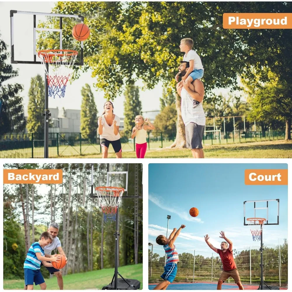 Aro de baloncesto ajustable para exteriores de 5-10 pies con manivela manual, tablero trasero de PC de 33/44 pulgadas, ruedas para estabilidad y portabilidad