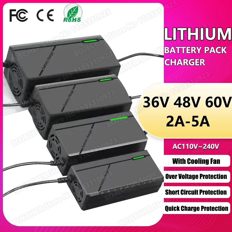 48V 36V 60V Charger 2A 5A 10S 13S 16S Lithium-ion Battery Pack Charger Ebike Scooter 54.6V 42V 67.2V Smart Fast Charging EU Plug