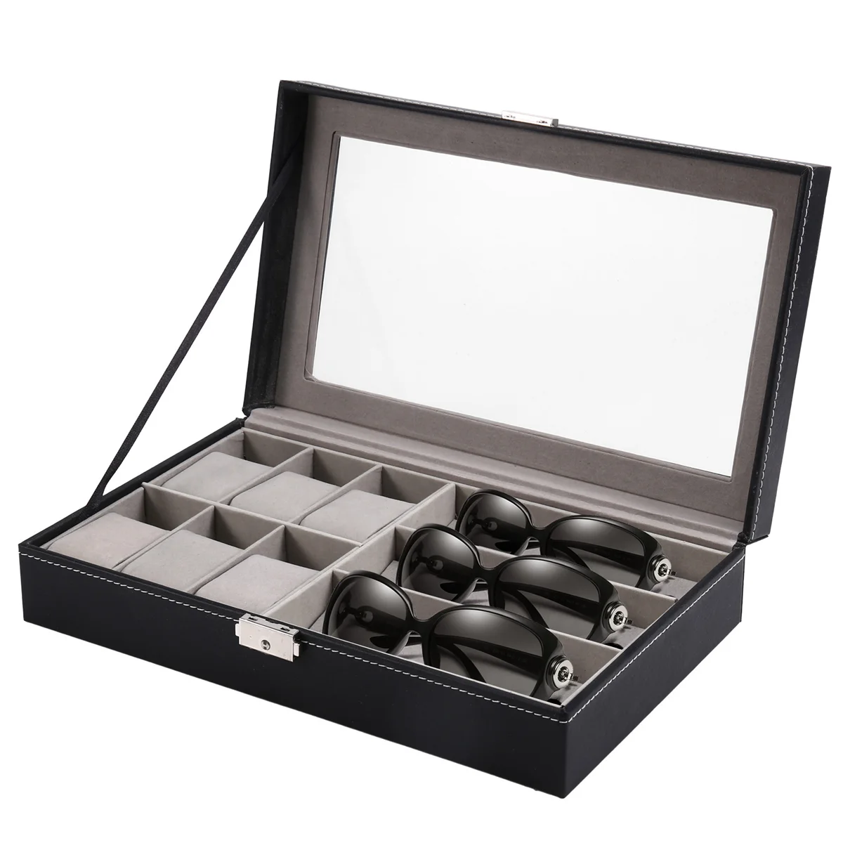

AGG-2 in 1 Eyeglass Sunglass Storage Box PU Leather 6 Slot Glasses Storage and 3 Slot Watches Dustproof Storage Organizer