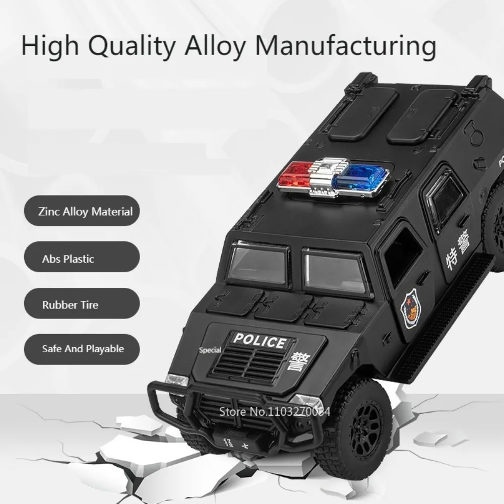 1/32 Dongfeng Warrior Toys Cars Model Alloy Diecast SUV Police Car Sound Light Pull Back Metal Body Rubber Tire Toys Kids Gifts