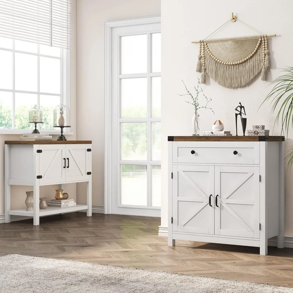 Mobile Bar, credenza moderna per Buffet della fattoria con cassetto e ripiano regolabile, armadio portaoggetti per porta del fienile per sala da pranzo, bianco