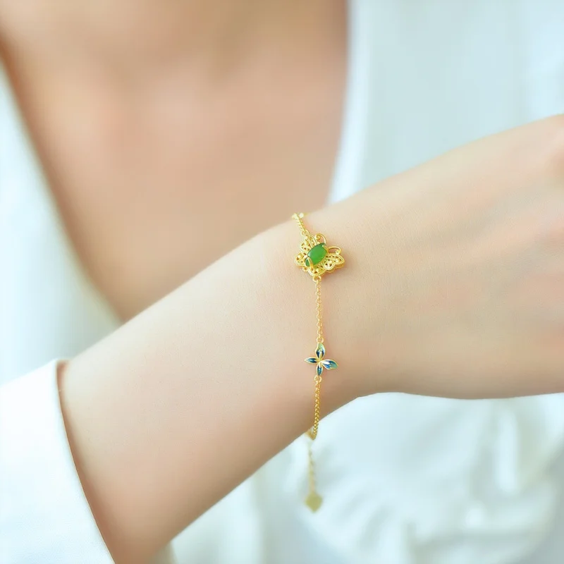 Certificate Included S925 Sterling Silver Gold-Plated Bracelet with Hetian Jasper Butterfly Niche Design Ancient Style Cold Enam