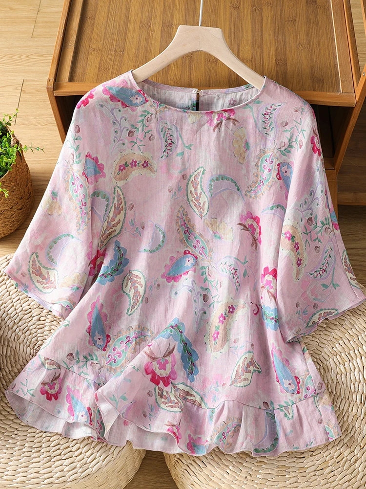 

Retro Floral Print Linen Shirt Women Summer Lightweight Breathable round Neck Slimming Short Sleeve Anti-Aging Top