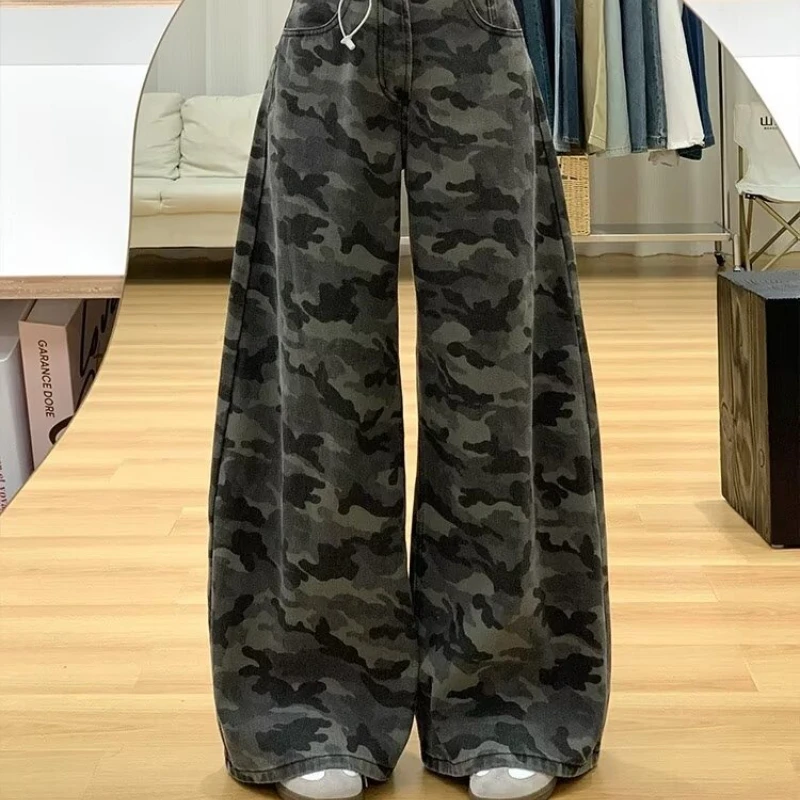 

High Street Camouflage Wide-leg Cargo Pants Women's 2025 Winter Loose Straight Slimming Versatile Floor-length Denim Pants