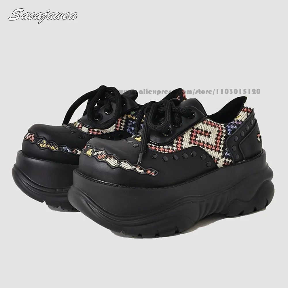 

Ethnic Style Thick Sole Lady Height Increasing Ankle Boots Retro Patchwork Front Lace Up Casual Shoes Round Toe Platform Boots