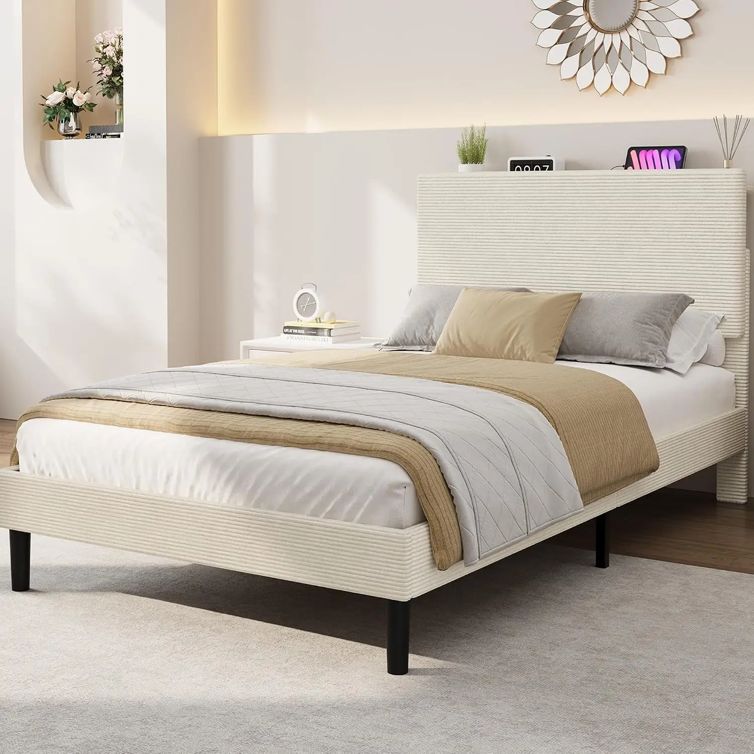 Twin Size Bed Frame, Platform Bed with Adjustable Corduroy Upholstered Storage Headboard and Charging Station,, Customized