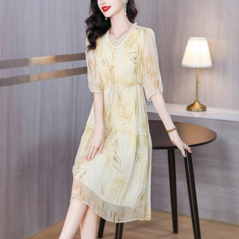 2024 Summer Mom's Elegant Mulberry Silk Dress Women's New Noble and Wide Fashionable Short Sleeve Silk Long Dress