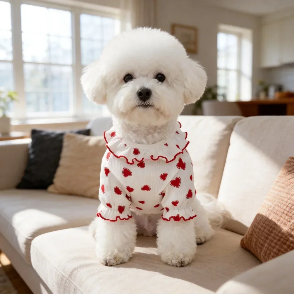 Ruffle Trim Heart Print Dog Clothes for Small Dogs, Soft Summer Puppy Shirt for Teddy Bichon, Cute Pet for Daily Walking Party