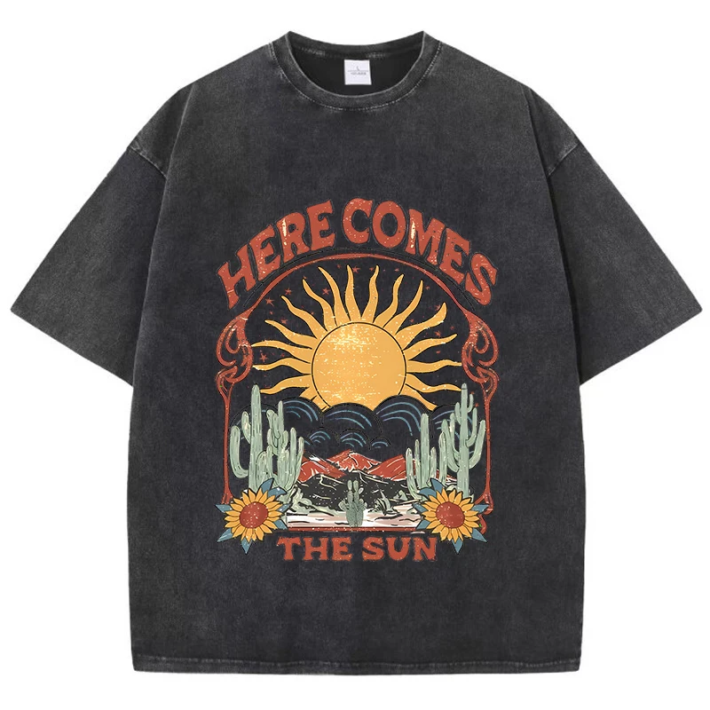 Vintage Womens Acid Wash T-Shirts Here Comes The Sun Printing Tees Crewneck Cotton Oversize Short Sleeve Fashion Female Clothes