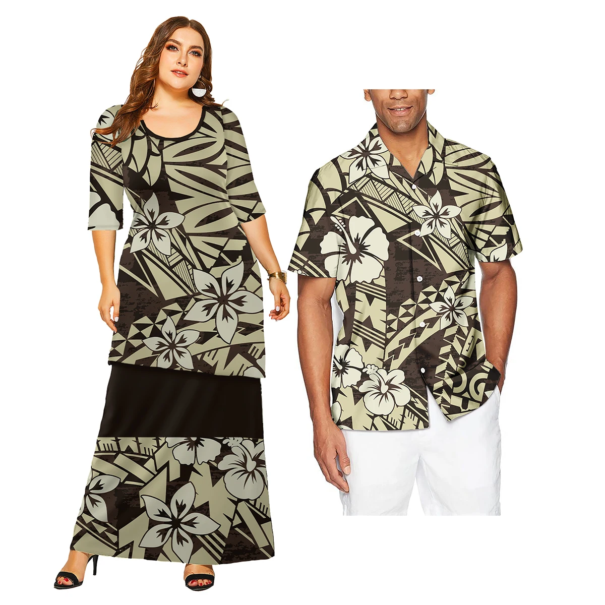 New Arrivals Men and Women Couple Outfits Women Tight Maxi Long Dresses Men\'s and Women\'s Shirts Hawaii Polynesian Tribal Style