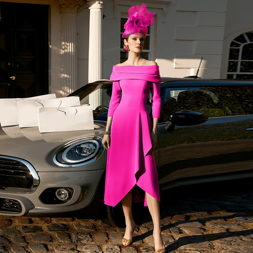 

Hot Pink Mother Of The Bride Dresses For Weddings Satin Wedding Party Dress Off-Shoulder A-Line Wedding Guest Dresses For Women