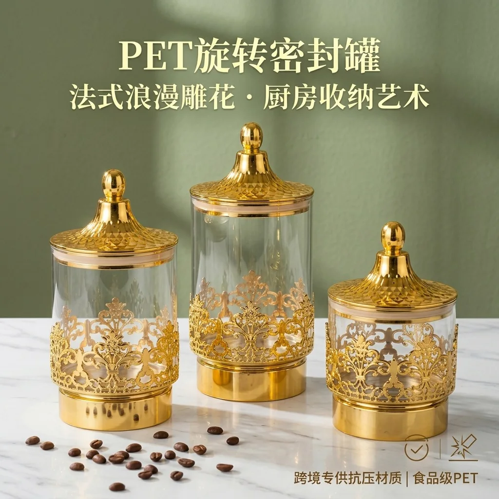 European Transparent Gold-plated Rotating Sealed Cans Snacks Tea Storage Storage Tank Kitchen Living Room Decoration Ornaments view 2