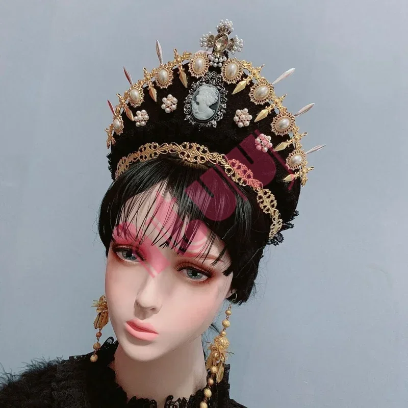 Renaissance Tudor Crown Headpiece Elizabethan Palace Style Retro Gorgeous Gothic Lolita Bead Chain KC Headband Hat Ornament
