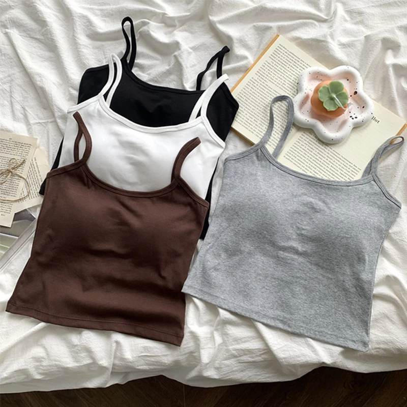 FINETOO Women's Camisole With Built In Bra Pads Slim Fit Crop Tank Top Basic Spaghetti Strap Cami Casual Summer Sleeveless Top