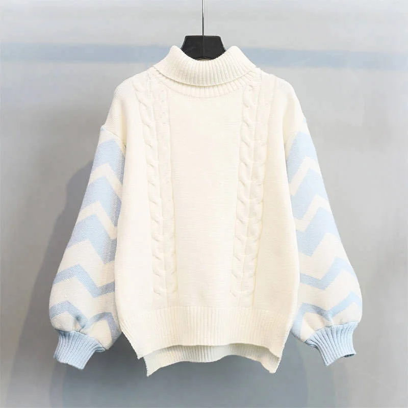 

Japanese Lolita Style Girl Sweater Preppy Lantern Sleeve Cute Kawaii Girly Pullover Bow Turtleneck Female