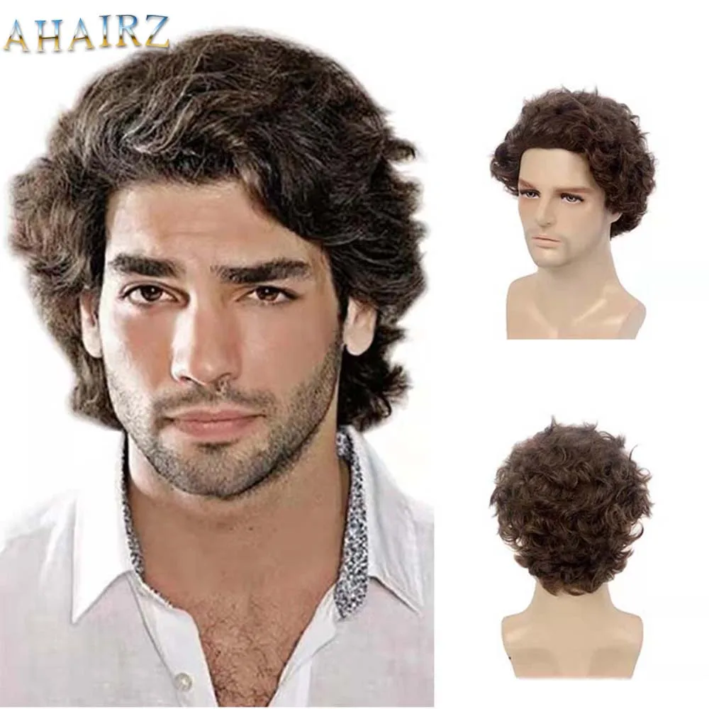 Short Curly Synthetic Natural Wave Wig With Bangs For Men Fiber Daily Wear Curly Fashion Male Wig High Temperature