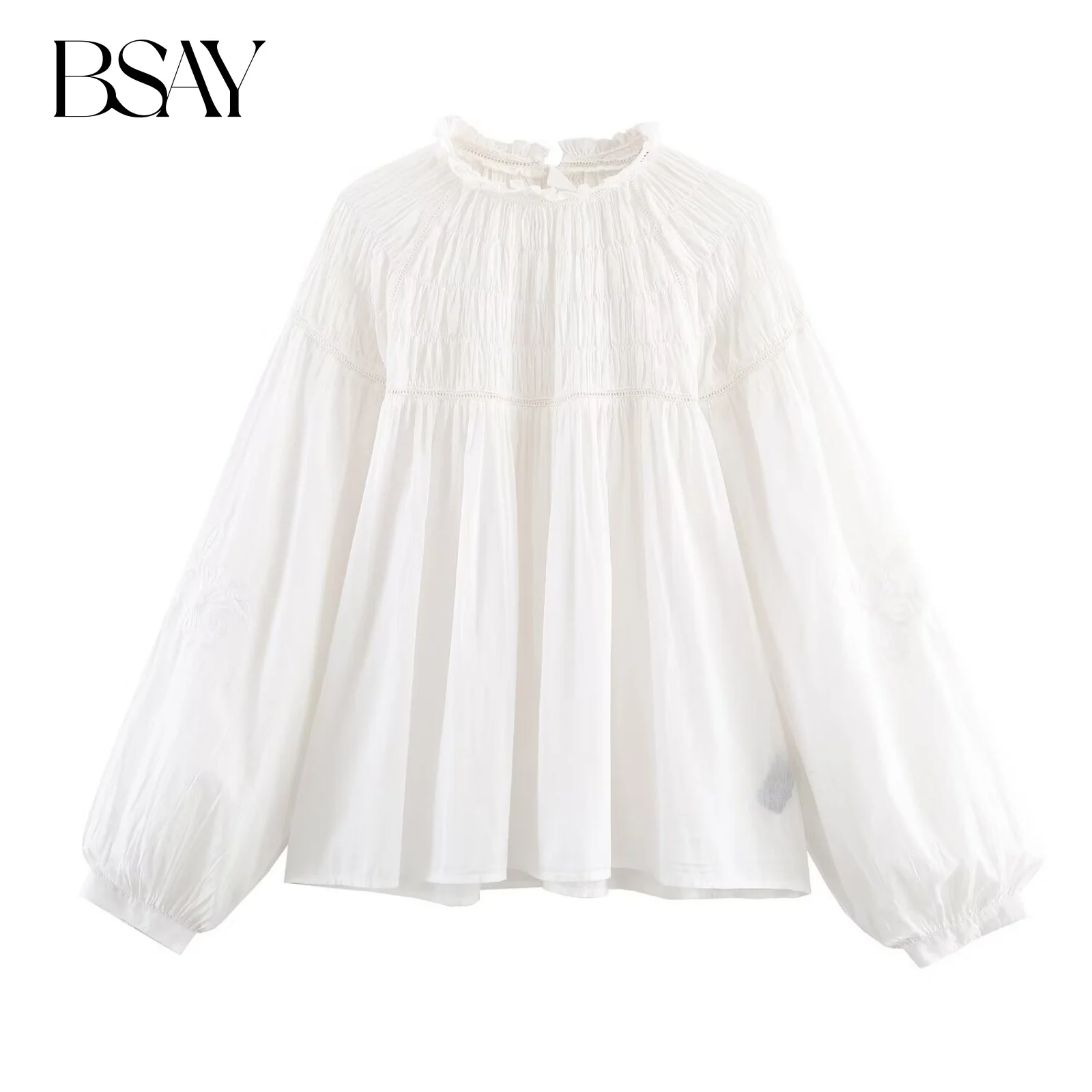 

BSAY White Shirt for Women Fashion Autumn Winter New Long Sleeves Round Neck Blouse Street Clothing Shirts Chic Ladies Top