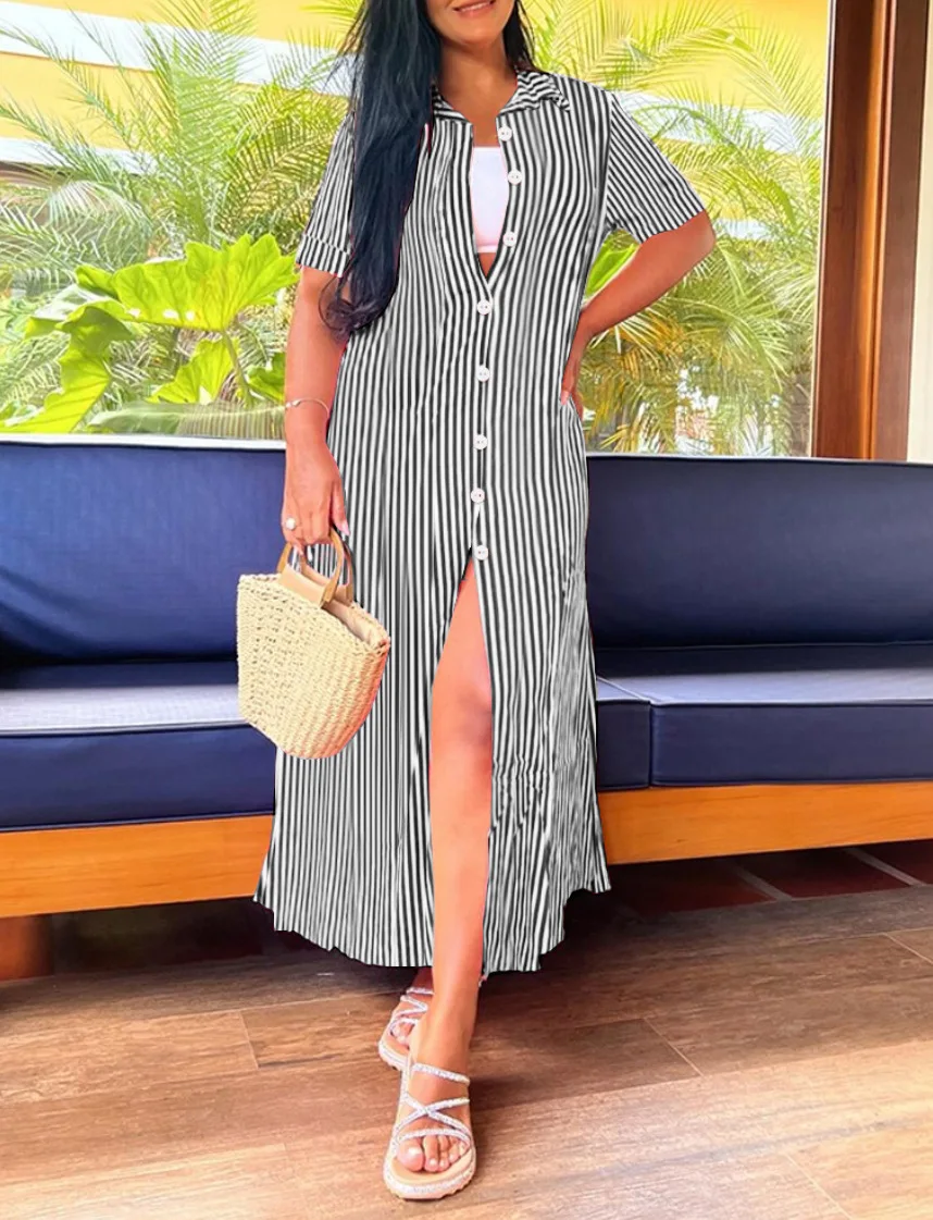 Women Casual Turn Down Collar Short Sleeve Button Down Side Split Maxi Shirt Dress With Vertical Stripes Perfect For Beach Vacat