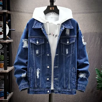Men Denim Jacket 2025 Ripped Hole Single Breasted Coats Spliced Outerwear Jackets Pockets Casual Loose Washed Distressed 3