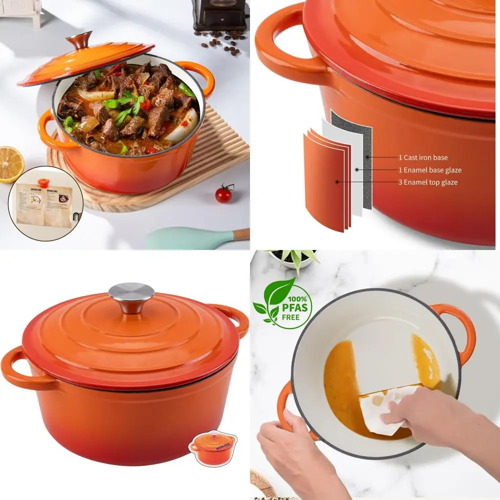 

Сверхмощная чугунная голландская духовка с оранжевой эмалью 7QT с крышкой, идеально подходит для выпечки хлеба, тушения, раковины и обжарки, безопасного в духовке