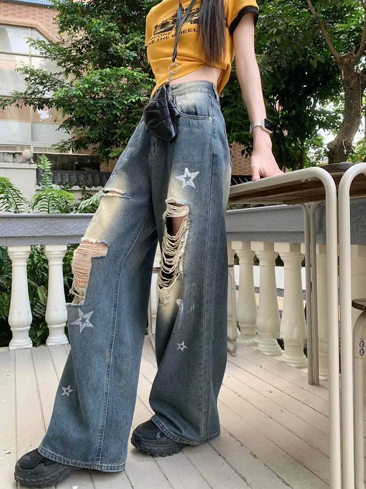 

Ripped Jeans for Women Hot Girl Vintage Washed Distressed Baggy Jeans Women Casual Wide Leg High Waisted Jeans Woman Pants