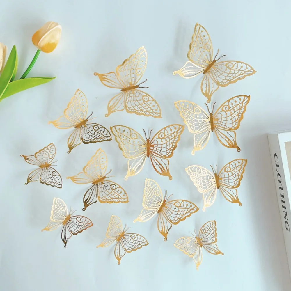 12pcs/set Colorful Hollow Butterfly Sticker Exquisite Paper 3D Butterfly Wall Decor DIY Cartoon Simulation Butterfly Ornaments