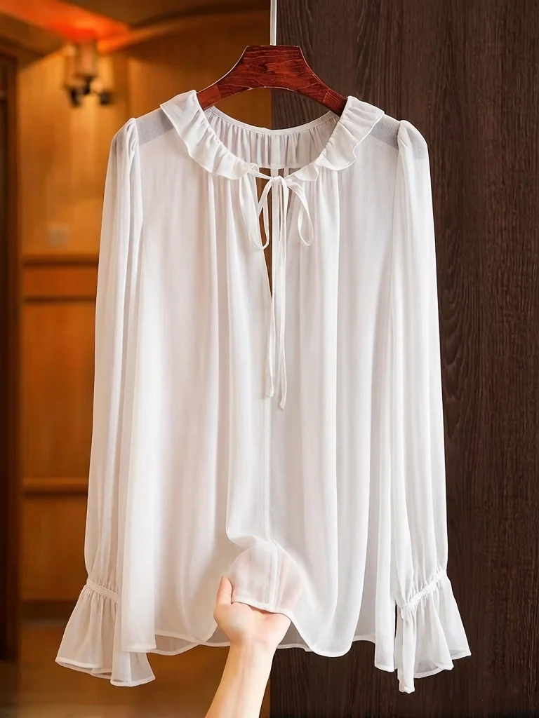 Elegant Long Sleeve Chiffon Blouse Casual Office Ladies Top Lace up Ruffle Collar Flared Sleeve Shirts Solid Color Commuter Tops view 5