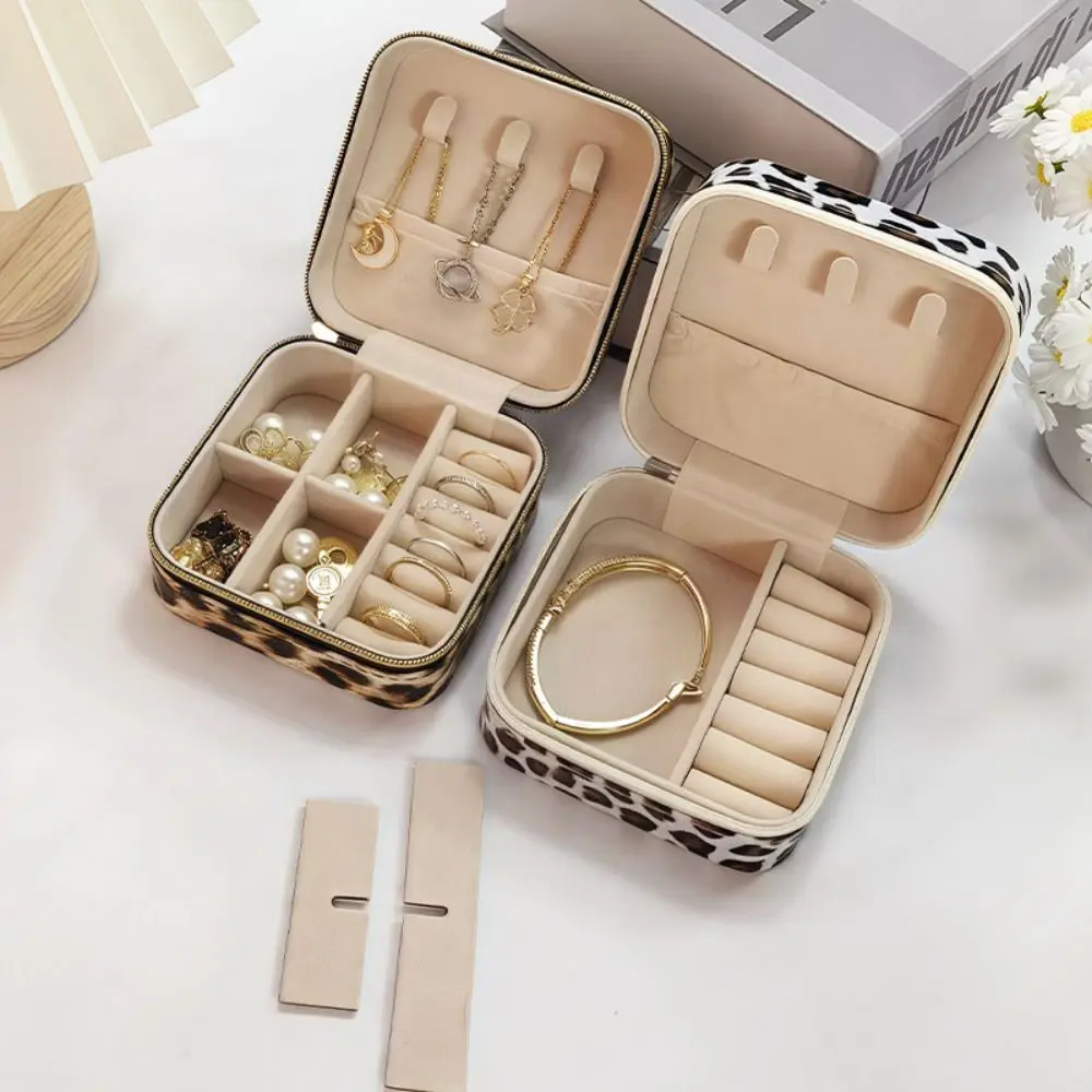 

Кожаная коробка для хранения ювелирных изделий, серьги, кольца, держатель для ожерелья, органайзер для ювелирных изделий, функция дисплея на молнии, мини-шкатулка для драгоценностей