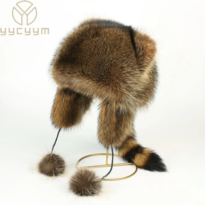 

Lady Real Raccoon Fur Cap Tail Women Natural Raccoon Fur Caps Ushanka Hats for Winter Thick Warm Ears Fashion Bomber Pom Pom Hat