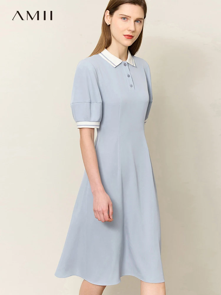 AMII Minimalism Office Lady Long Dress for Women 2023 Summer Polo Neck Contrasting Colors Loose Waist Female Vestidos 12342338