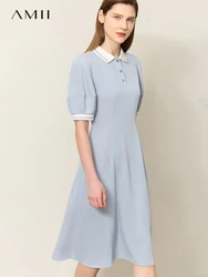 AMII Minimalism Office Lady Long Dress for Women 2023 Summer Polo Neck Contrasting Colors Loose Waist Female Vestidos 12342338