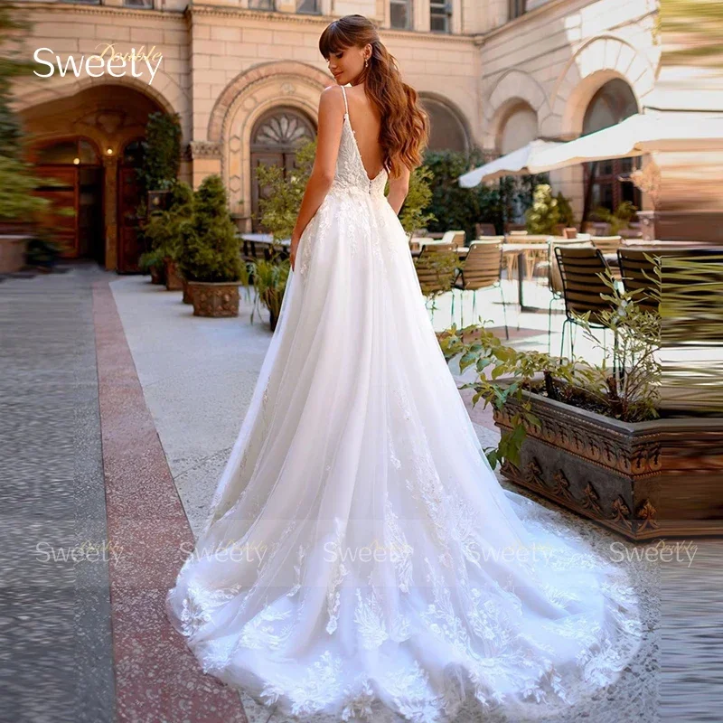 Robe de mariée dos nu en organza avec dentelle brodée, ligne A, longueur au sol, robe de Rh, col en V, mariée en fibre