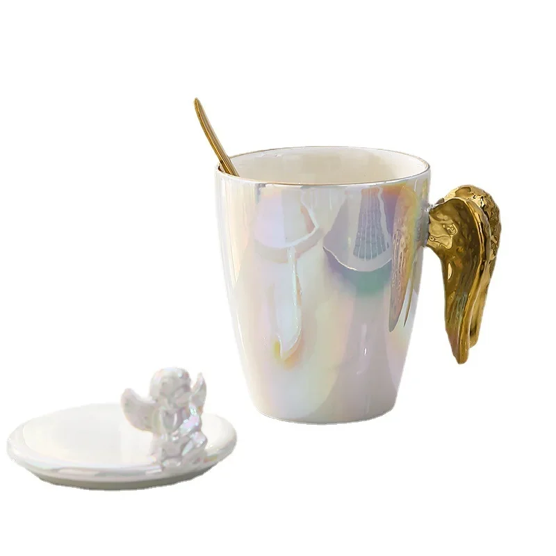 220ML Angel Wing Modeling Ceramic Mug with Lid Mixing Coffee Milk Water Cup Creative Design Ceramic Mugs Drinkware for Party