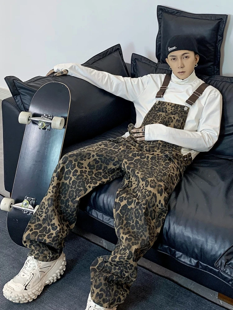 

American High Street Leopard Print Overalls Men's Trendy College Style Loose Workwear Harness Straight Leg Pants Women