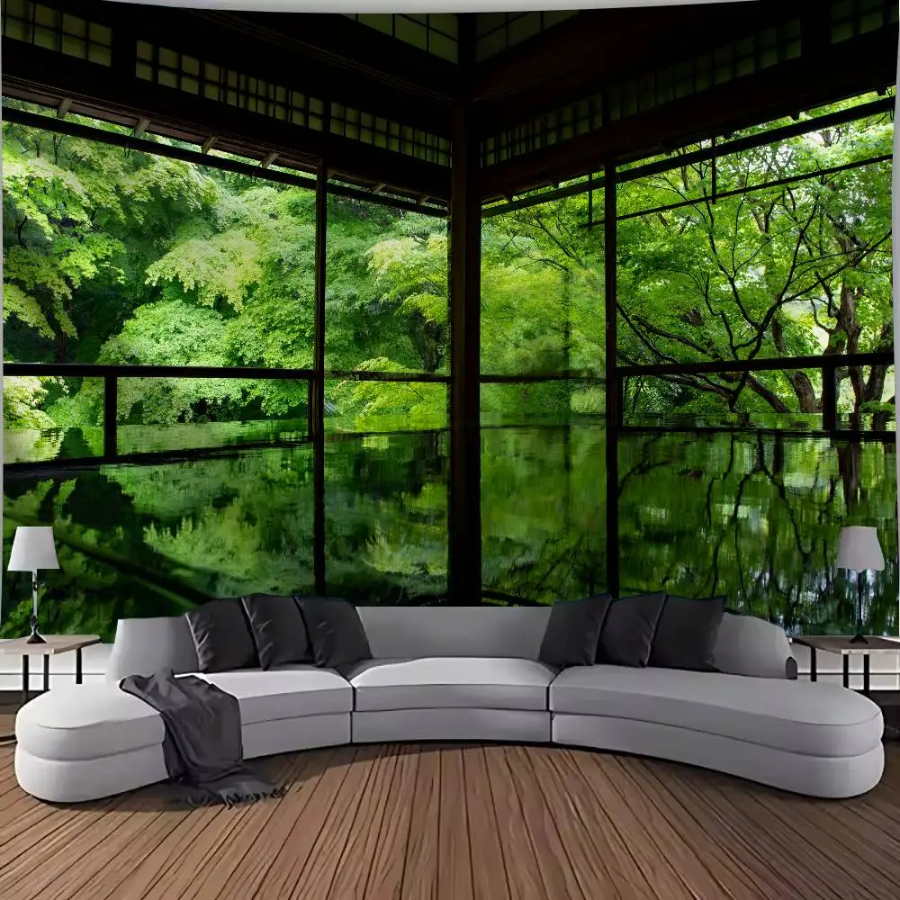 Japanese Garden Tapestry, Traditional Wooden House Window Green Maple Forest Reflection Zen Nature Landscape Wall Decor