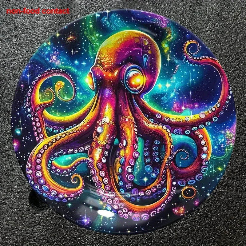 1pc Octopus Galaxy Round Ceramic Hanging Wall Art Plate - 8 Inch (20.32cm) Vibrant Cosmic Galaxy Design with Neon Octopus &